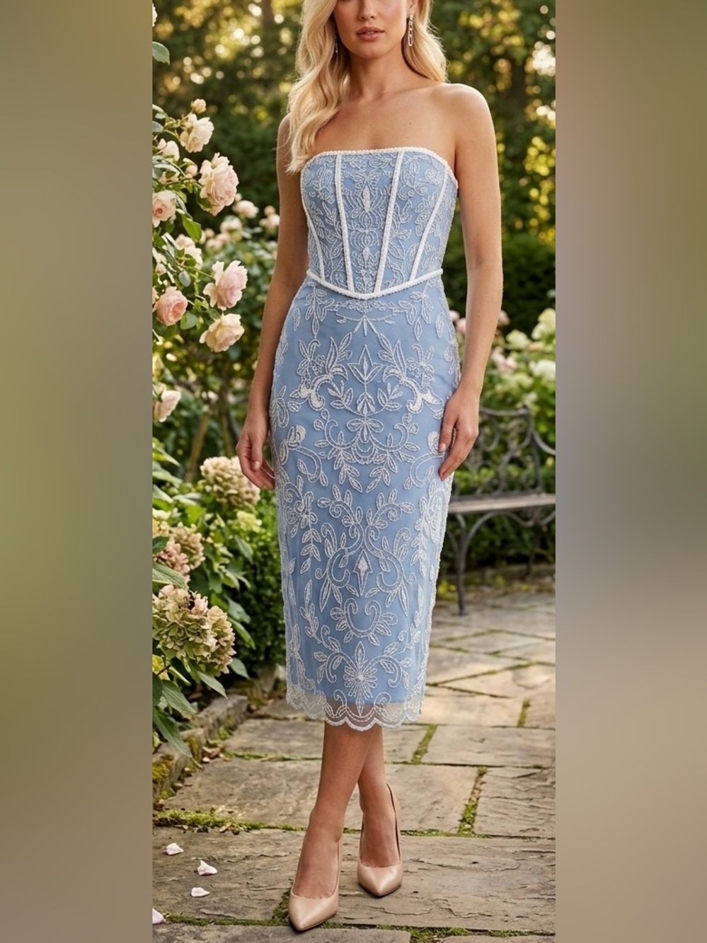NWT Coast Strapless Corseted Light Blue Dress with White Lace Size 6